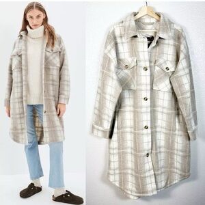 American Eagle Neutral Plaid Long Jacket Shacket